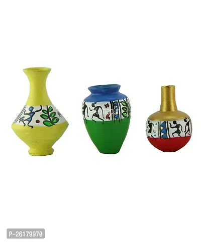 KALAPURI? Handmade 3D Work Mini Set of Three Show Piece Terracotta Pot Set Idols and Figurines/Home d?cor/Showpieces in Multi Colour Combination with Warli Painting