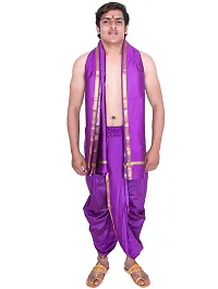 KALAPURI Unstiched Purple Color Dhoti  Angavastram Set With Golden Jari Border | Free Size | Men's Art Silk Fabric | For Trational Functions, Pooja  Festivals-thumb1