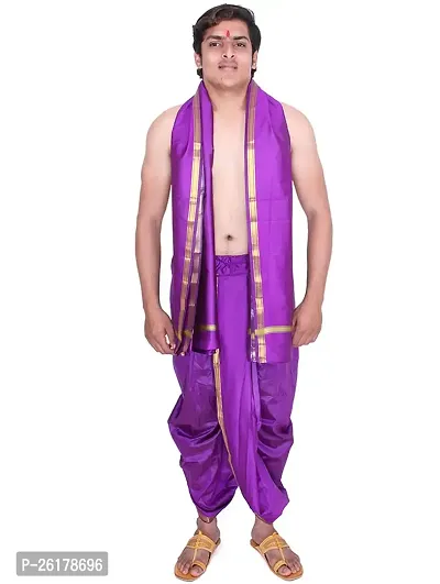 KALAPURI Unstiched Purple Color Dhoti  Angavastram Set With Golden Jari Border | Free Size | Men's Art Silk Fabric | For Trational Functions, Pooja  Festivals-thumb2