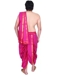 KALAPURI Unstiched Fuchsia Color Dhoti  Angavastram Set With Golden Jari Border | Free Size | Men's Art Silk Fabric | For Trational Functions, Pooja  Festivals-thumb4