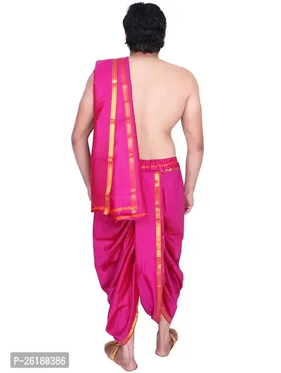 KALAPURI Unstiched Fuchsia Color Dhoti  Angavastram Set With Golden Jari Border | Free Size | Men's Art Silk Fabric | For Trational Functions, Pooja  Festivals-thumb5