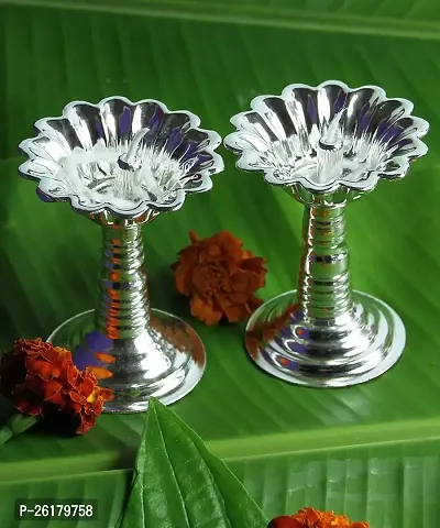 KALAPURI? Set of Two Devdas Silver Plated Oil Pooja Lamp/Diya/Niranjan Perfect for Daily Purpose-thumb0