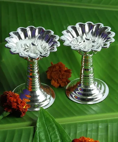 KALAPURI? Set of Two Devdas Silver Plated Oil Pooja Lamp/Diya/Niranjan Perfect for Daily Purpose