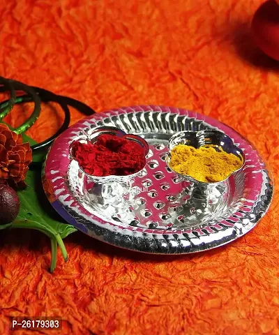 KALAPURI? Silver Plated Haldi-Kunku karand/Kankavati/Kumkum Pooja Thali Set with Traditional Design-thumb0