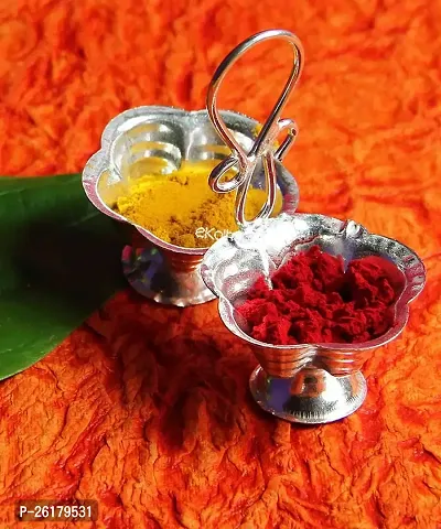 KALAPURI? Silver Plated Haldi-Kunku karand/Kankavati/Kumkum Pooja Thali Set with Holder