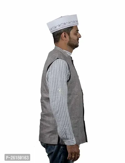 KALAPURI Traditional Handstitched Ready to Wear Typical White Baniya Topi with Blue Large Hand Embroidery for Groom or Dulha or Navardev Wedding/Marriage 1104-2-thumb4