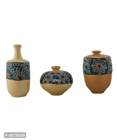 KALAPURI? Handmade 3D Work Mini Set of Three Show Piece Terracotta Pot Set Idols and Figurines/Home d?cor/Showpieces in Natural and Blue Colour Combination