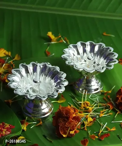 KALAPURI? Set of Two Devdas Silver Plated Oil Pooja Lamp/Diya/Niranjan Perfect for Daily Pooja-thumb0