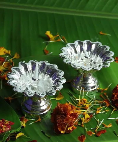 KALAPURI? Set of Two Devdas Silver Plated Oil Pooja Lamp/Diya/Niranjan Perfect for Daily Pooja
