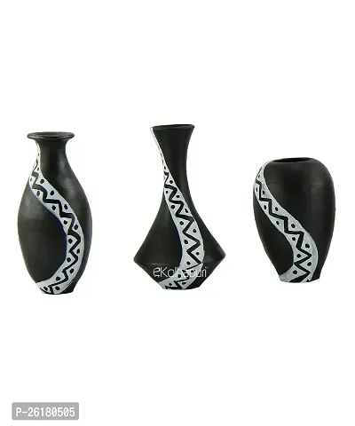KALAPURI Earthenware Handmade 3D Work Mini Showpiece Terracotta Pot Set (Black and White, X-Small) - Set of Three
