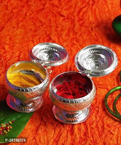 KALAPURI? Silver Plated Two Separate Haldi-Kunku karand/Kankavati/Kumkum Pooja Thali Set