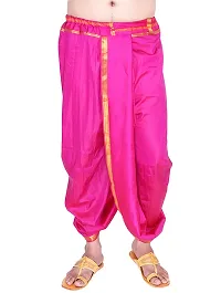 KALAPURI Unstiched Fuchsia Color Dhoti  Angavastram Set With Golden Jari Border | Free Size | Men's Art Silk Fabric | For Trational Functions, Pooja  Festivals-thumb3