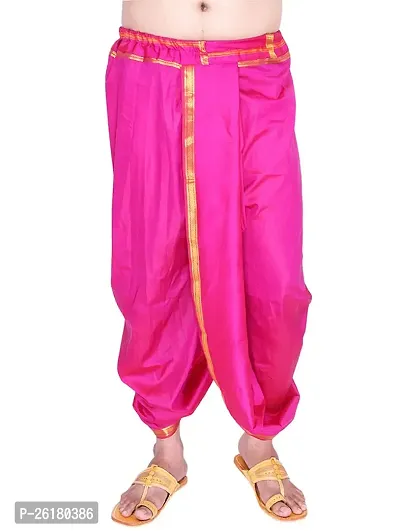 KALAPURI Unstiched Fuchsia Color Dhoti  Angavastram Set With Golden Jari Border | Free Size | Men's Art Silk Fabric | For Trational Functions, Pooja  Festivals-thumb4