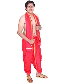 KALAPURI Unstiched Red Color Dhoti  Angavastram Set With Golden Jari Border | Free Size | Men's Art Silk Fabric | For Trational Functions, Pooja  Festivals-thumb2