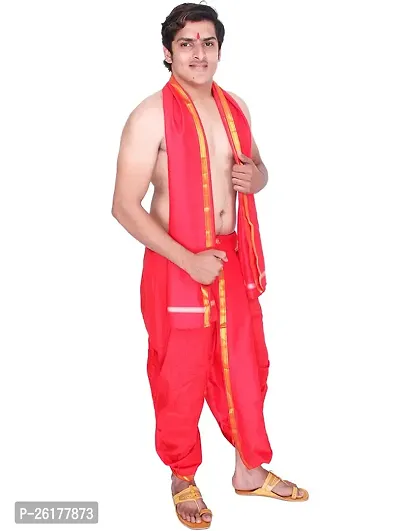 KALAPURI Unstiched Red Color Dhoti  Angavastram Set With Golden Jari Border | Free Size | Men's Art Silk Fabric | For Trational Functions, Pooja  Festivals-thumb3