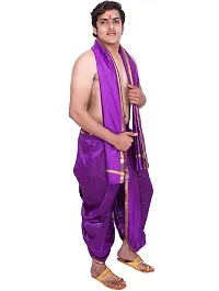 KALAPURI Unstiched Purple Color Dhoti  Angavastram Set With Golden Jari Border | Free Size | Men's Art Silk Fabric | For Trational Functions, Pooja  Festivals-thumb2