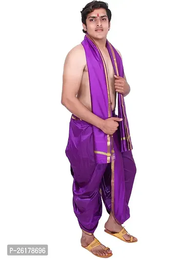 KALAPURI Unstiched Purple Color Dhoti  Angavastram Set With Golden Jari Border | Free Size | Men's Art Silk Fabric | For Trational Functions, Pooja  Festivals-thumb3