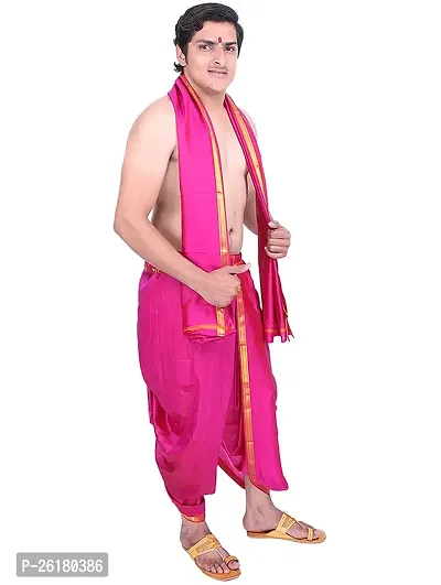 KALAPURI Unstiched Fuchsia Color Dhoti  Angavastram Set With Golden Jari Border | Free Size | Men's Art Silk Fabric | For Trational Functions, Pooja  Festivals-thumb3