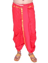 KALAPURI Unstiched Red Color Dhoti  Angavastram Set With Golden Jari Border | Free Size | Men's Art Silk Fabric | For Trational Functions, Pooja  Festivals-thumb3