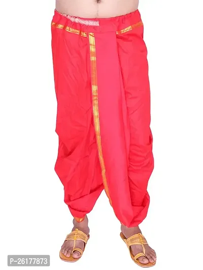 KALAPURI Unstiched Red Color Dhoti  Angavastram Set With Golden Jari Border | Free Size | Men's Art Silk Fabric | For Trational Functions, Pooja  Festivals-thumb4