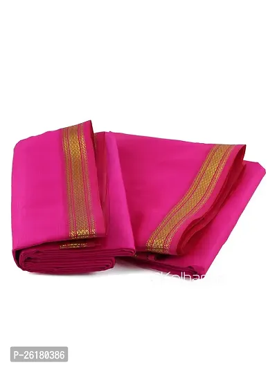 KALAPURI Unstiched Fuchsia Color Dhoti  Angavastram Set With Golden Jari Border | Free Size | Men's Art Silk Fabric | For Trational Functions, Pooja  Festivals