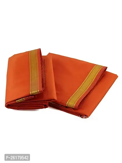 KALAPURI Unstiched Orange Color Dhoti  Angavastram Set With Golden Jari Border | Free Size | Men's Art Silk Fabric | For Trational Functions, Pooja  Festivals