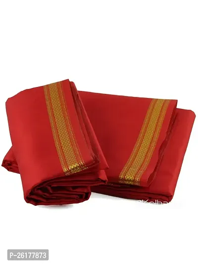 KALAPURI Unstiched Red Color Dhoti  Angavastram Set With Golden Jari Border | Free Size | Men's Art Silk Fabric | For Trational Functions, Pooja  Festivals-thumb0