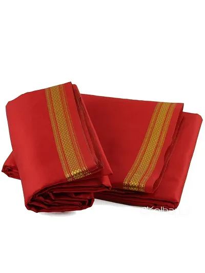 KALAPURI? Unstitched Blood Red Fabric Free Size Men's Art Silk Dhoti and Angavastram Set with Golden Jari Border for traditional functions