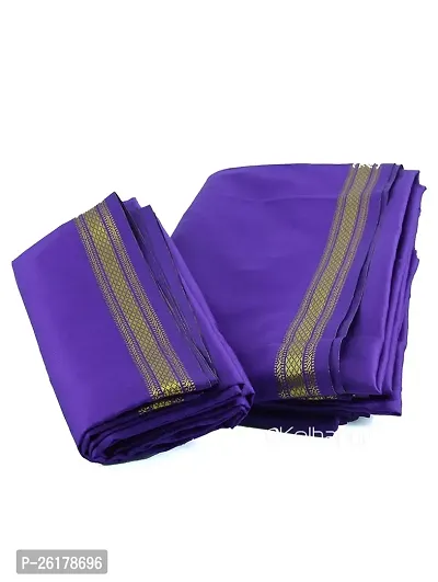 KALAPURI Unstiched Purple Color Dhoti  Angavastram Set With Golden Jari Border | Free Size | Men's Art Silk Fabric | For Trational Functions, Pooja  Festivals