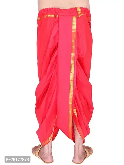 KALAPURI Unstiched Red Color Dhoti  Angavastram Set With Golden Jari Border | Free Size | Men's Art Silk Fabric | For Trational Functions, Pooja  Festivals-thumb5