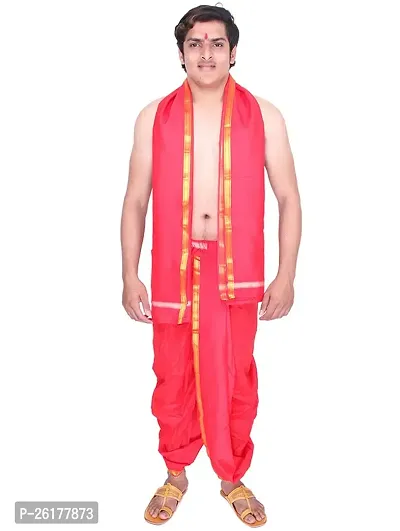 KALAPURI Unstiched Red Color Dhoti  Angavastram Set With Golden Jari Border | Free Size | Men's Art Silk Fabric | For Trational Functions, Pooja  Festivals-thumb2