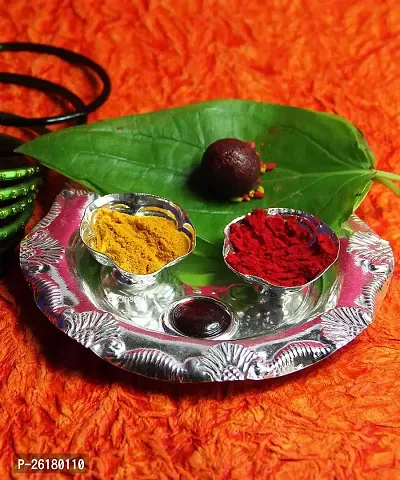 KALAPURI? Silver Plated Haldi-Kunku karand/Kankavati/Kumkum Pooja Thali Set-thumb0