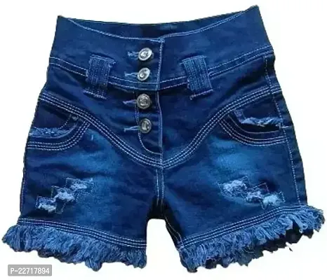 Fabulous Navy Blue Denim Self Pattern Denim Shorts For Girls