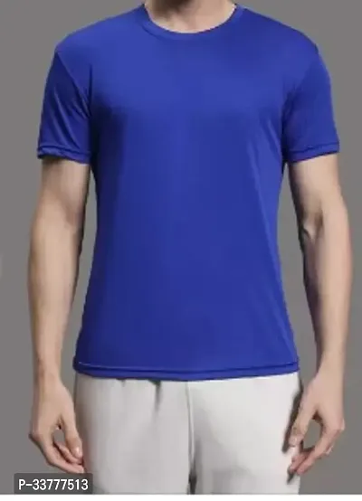 Stylish Blue Polyester Blend Round Neck T-shirt For Men-thumb0