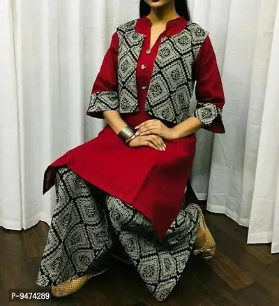 Womens Printed Plus Size Rayon Kurta Solid Long Kurti Palazzos and Jacket Set