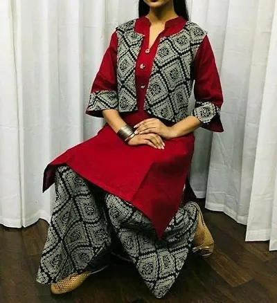 Womens Printed Plus Size Rayon Kurta Solid Long Kurti Palazzos and Jacket Set