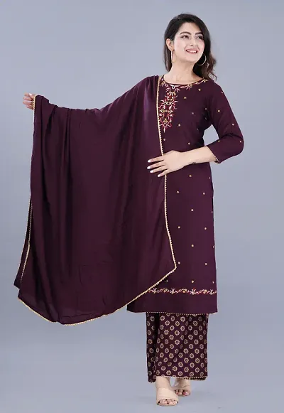 Stylish Rayon Embroidered A-Line Kurtis Bottom And Dupatta Set