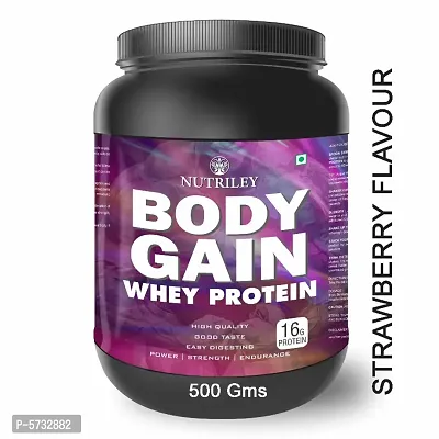 Nutriley Body Gain Premium, Whey Protein, Powder 500 gm Weight Gainer, With Strawberry Flavour, For Mass Gain  Muscle Gain