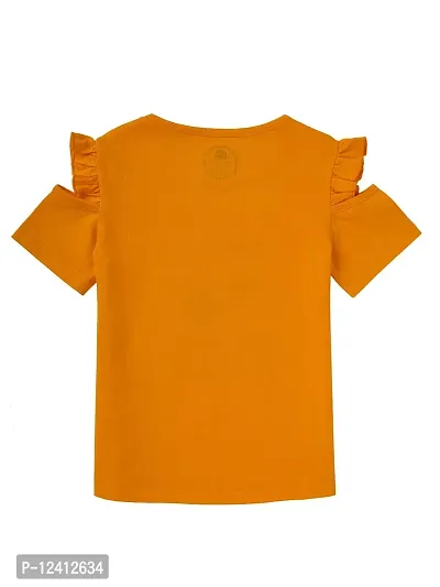 Cub McPaws T-Shirt for Girls with Ruffled Cold Shoulder tee with Camera Print | 4-12 Years (Orange, 7-8 Years)-thumb3