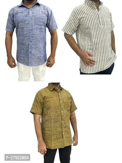 Reliable Multicoloured Khadi Cotton Short Sleeves Kurta and Shirt Combo For Men Pack Of 3