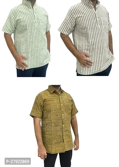 Reliable Multicoloured Khadi Cotton Short Sleeves Kurta and Shirt Combo For Men Pack Of 3-thumb0