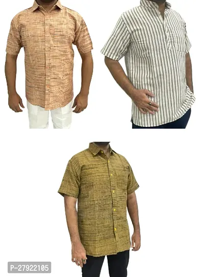 Reliable Multicoloured Khadi Cotton Short Sleeves Kurta and Shirt Combo For Men Pack Of 3
