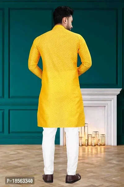 Men's Jacquard Yellow Straight Kurta Payjama set-thumb3