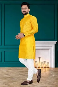 Men's Jacquard Yellow Straight Kurta Payjama set-thumb1