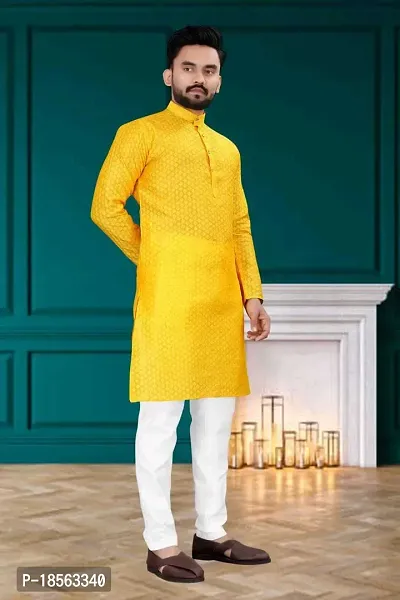 Men's Jacquard Yellow Straight Kurta Payjama set