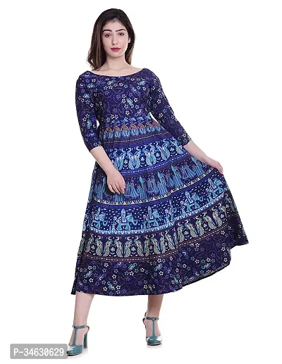 Stylish Blue Cotton Printed Stitched Gown For Women-thumb0