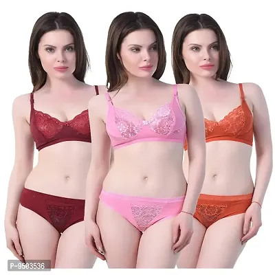 PACK OF 3 - Womens Comfort Lingerie Bra Panty Set - Multi-Color