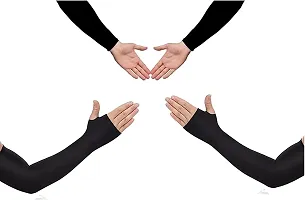 Pair of 1- Micro Fiber With Thumb Arm Cover Sleeves -  for Men  Women - BLACK-thumb2