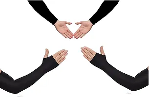 Pair of 1- Soft Micro Fiber With Thumb Arm Cover Sleeves -  for Men  Women - BLACK-thumb2