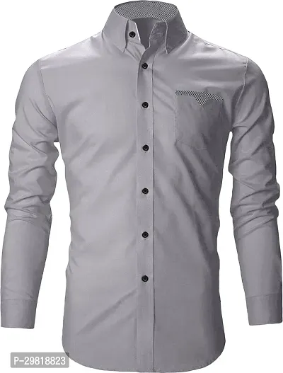 Stylish Grey Cotton Blend Solid Long Sleeves Casual Shirt For Men